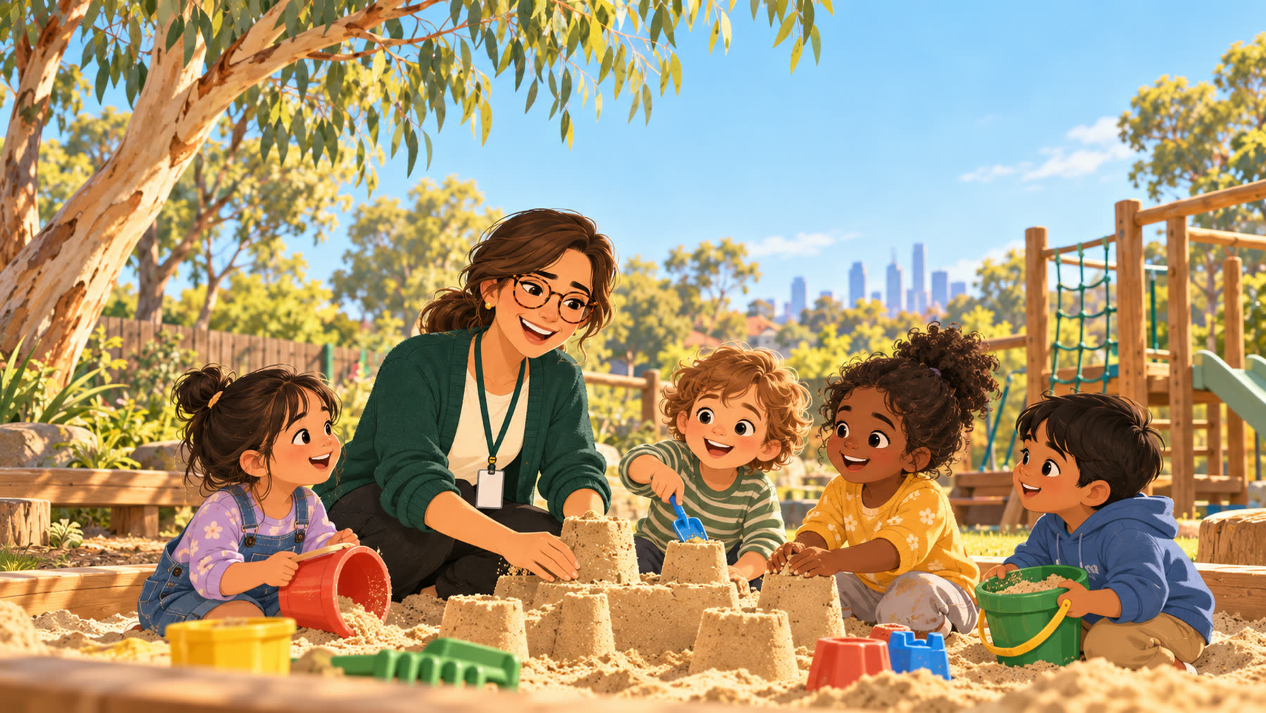 An educator and four children building sandcastles in a kindergarten playground.